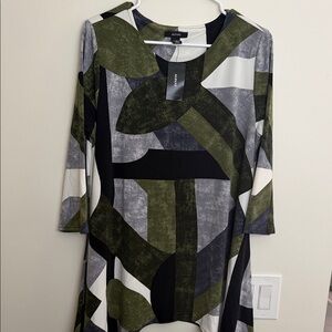 Alfani Olive, Black & Gray Abstract Print Long Sleeve Dress